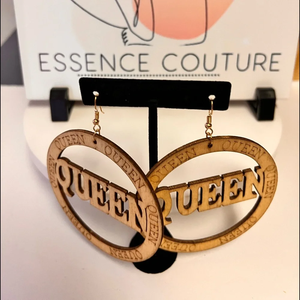 SALE! Queen Afrocentric Text Wood Dangle Pierced Earrings - Picture 9 of 9
